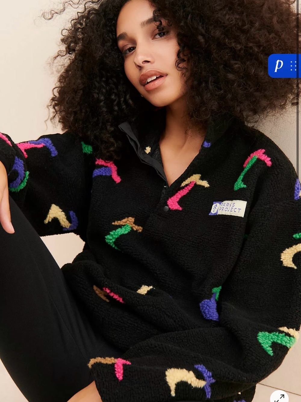 $198 Parks Project Black Sherpa Pullover with Multicolor Embroidered Accents